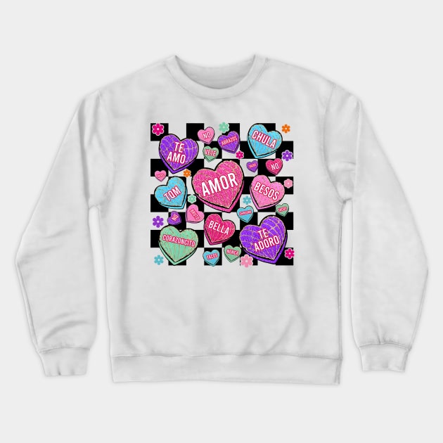 Spanish Candy Heart Conchas Valentines Day, Chenille Patch, Conversation Hearts, Mexican Valentines Crewneck Sweatshirt by artbyhintze